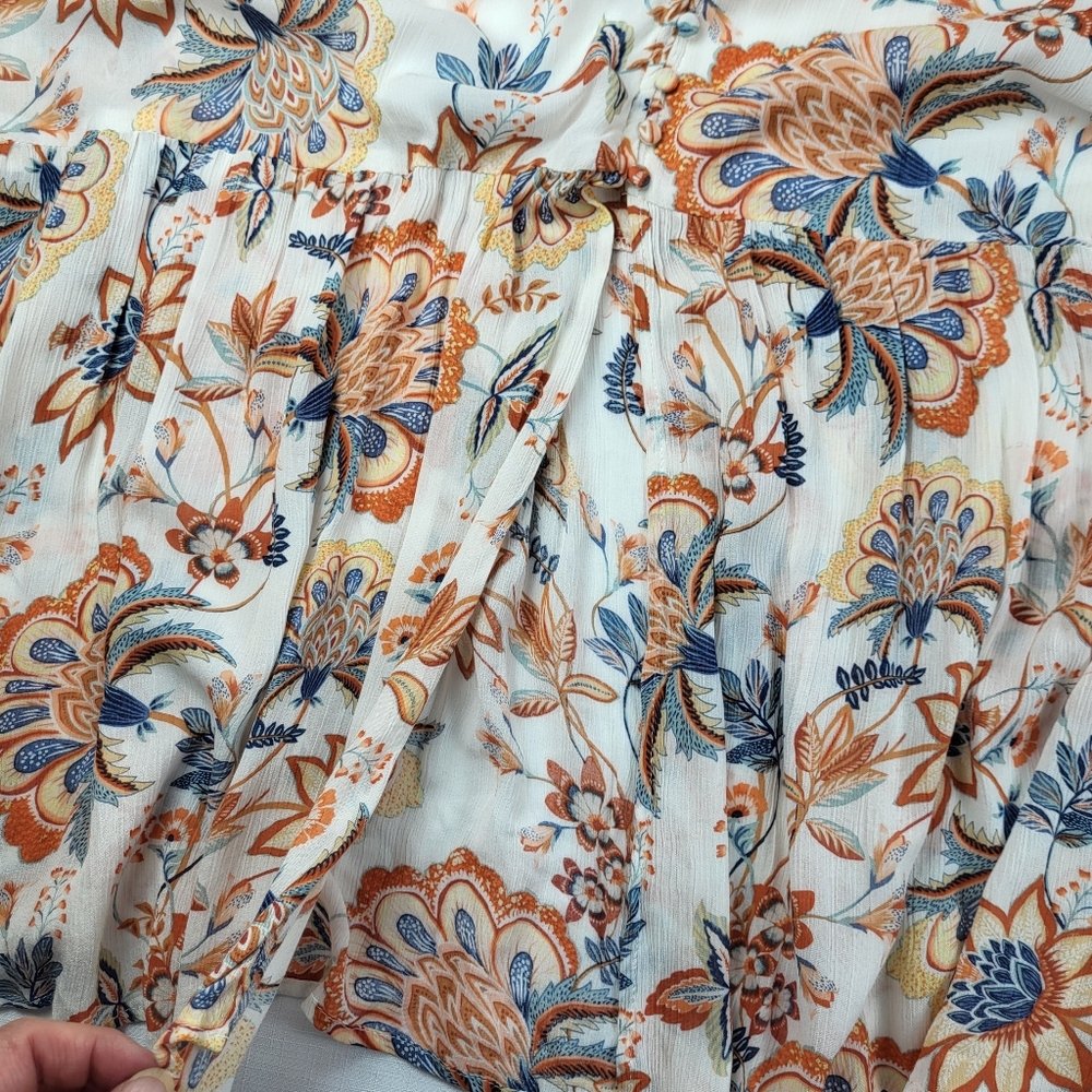 JustFab Floral Maxi DRESS Womens Size 1X Short Sleeve White Blues Rust Gauze - Picture 8 of 13